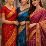 Three young women wearing pure Kanchipuram silk sarees with rich zari borders, showcasing authentic traditional silk sarees online from Taashi Fashion