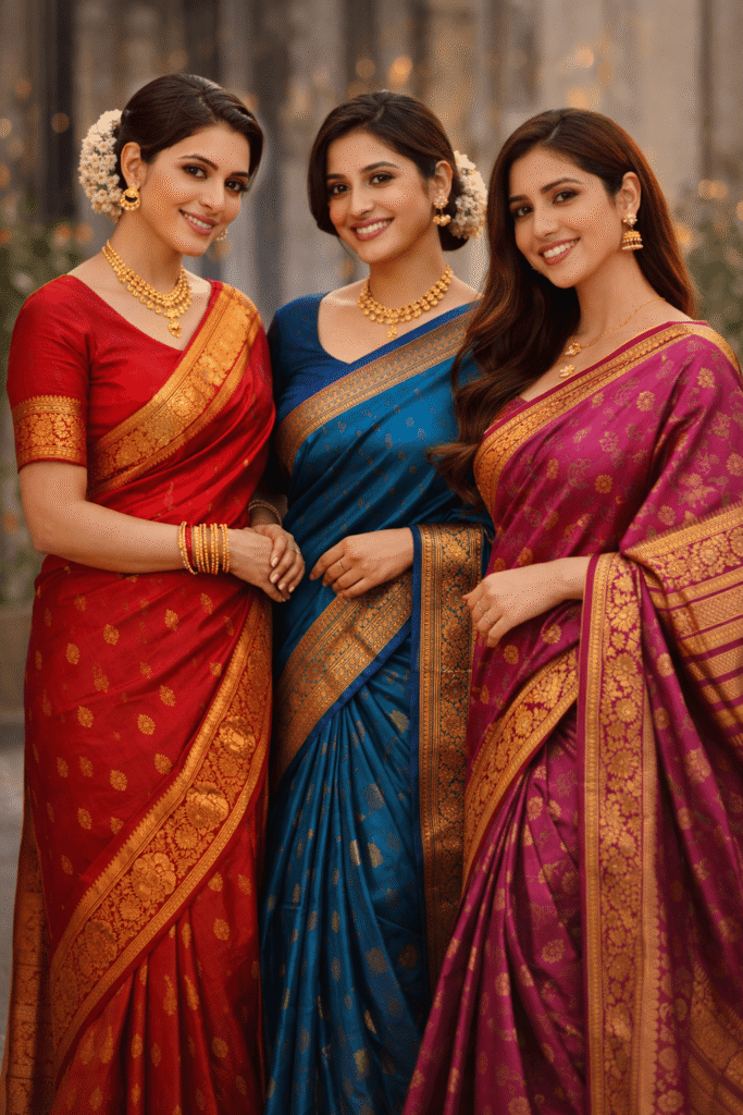 Three young women wearing pure Kanchipuram silk sarees with rich zari borders, showcasing authentic traditional silk sarees online from Taashi Fashion