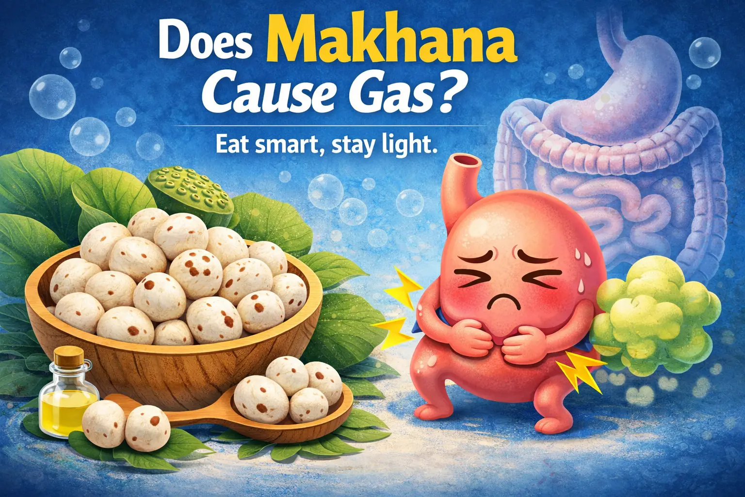 Does makhana cause gas or bloating? Learn causes, digestion tips and how to eat makhana without stomach discomfort.