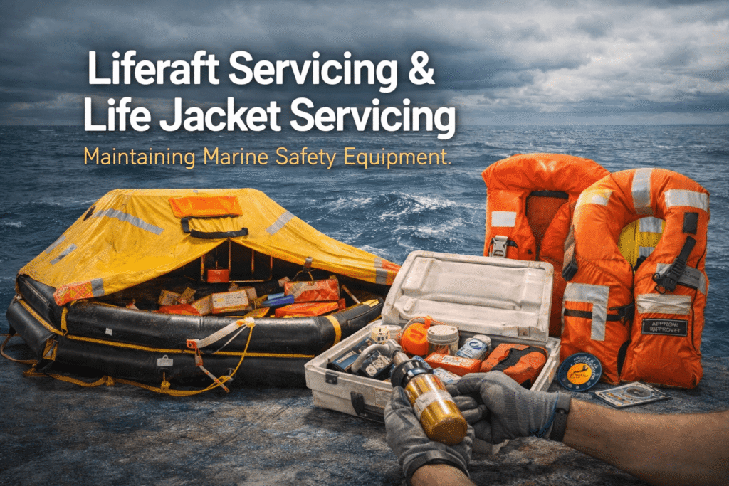 3D illustration of marine safety equipment including liferaft servicing and life jacket servicing for vessel safety and emergency preparedness