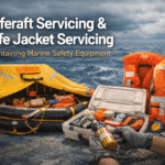 3D illustration of marine safety equipment including liferaft servicing and life jacket servicing for vessel safety and emergency preparedness