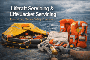 3D illustration of marine safety equipment including liferaft servicing and life jacket servicing for vessel safety and emergency preparedness