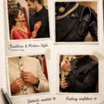 Stylish groom wearing sherwani for men showcasing traditional Indian wedding dress in the UK with modern design and elegant detailing