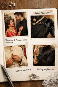 Stylish groom wearing sherwani for men showcasing traditional Indian wedding dress in the UK with modern design and elegant detailing