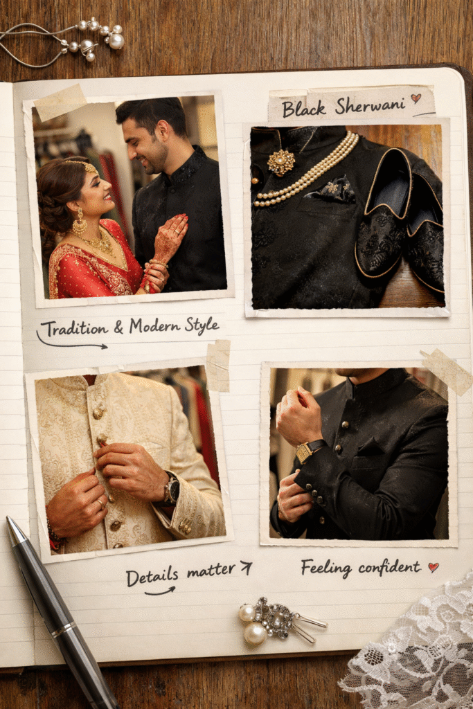 Stylish groom wearing sherwani for men showcasing traditional Indian wedding dress in the UK with modern design and elegant detailing