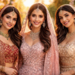 Elegant bride in a red Indian wedding dress with detailed gold embroidery, showcasing bridal lehenga UK trends for Asian wedding dresses in the UK.