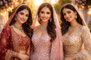 Elegant bride in a red Indian wedding dress with detailed gold embroidery, showcasing bridal lehenga UK trends for Asian wedding dresses in the UK.