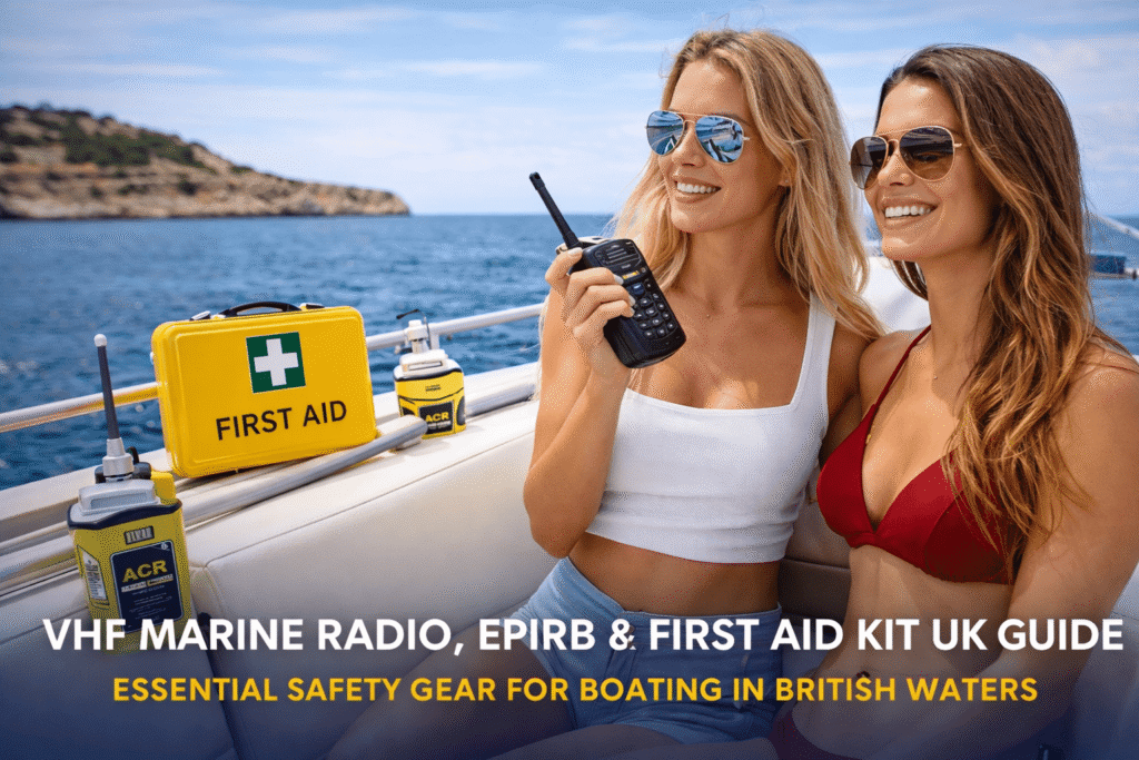 VHF marine radio, ACR EPIRB and Category C first aid kit onboard a UK vessel for marine safety