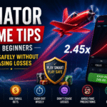 Aviator game tips feature image showing a red plane, cash out screen, safety shield, and beginner tips like set a budget and avoid chasing losses.