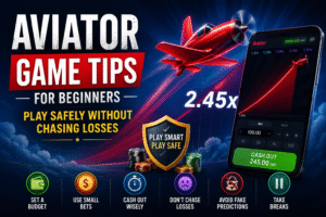 Aviator game tips feature image showing a red plane, cash out screen, safety shield, and beginner tips like set a budget and avoid chasing losses.