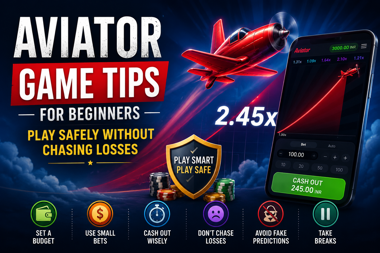 Aviator game tips feature image showing a red plane, cash out screen, safety shield, and beginner tips like set a budget and avoid chasing losses.