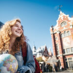 International student holding a globe on a European university campus.