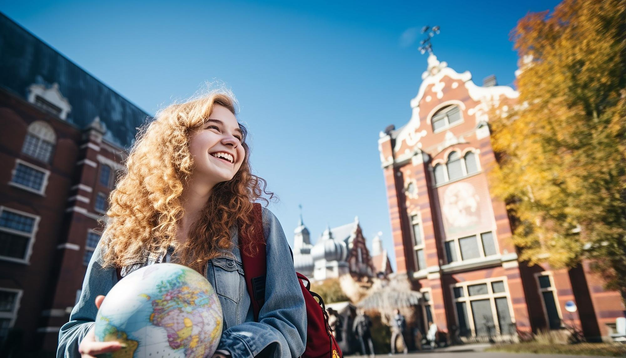 International student holding a globe on a European university campus.