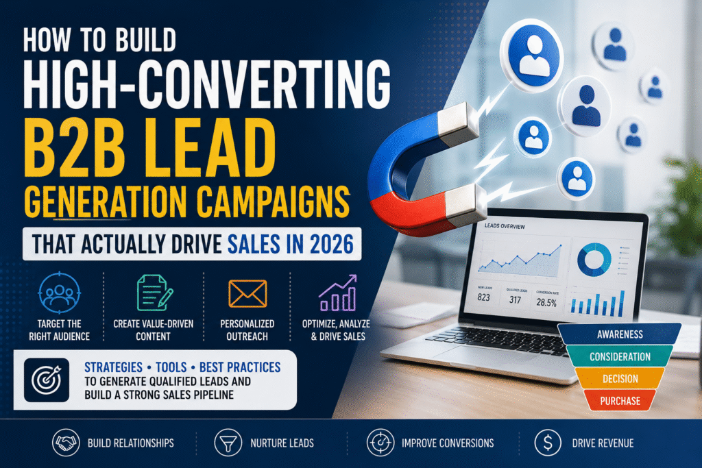 The image highlights the strategies of b2b lead generation.