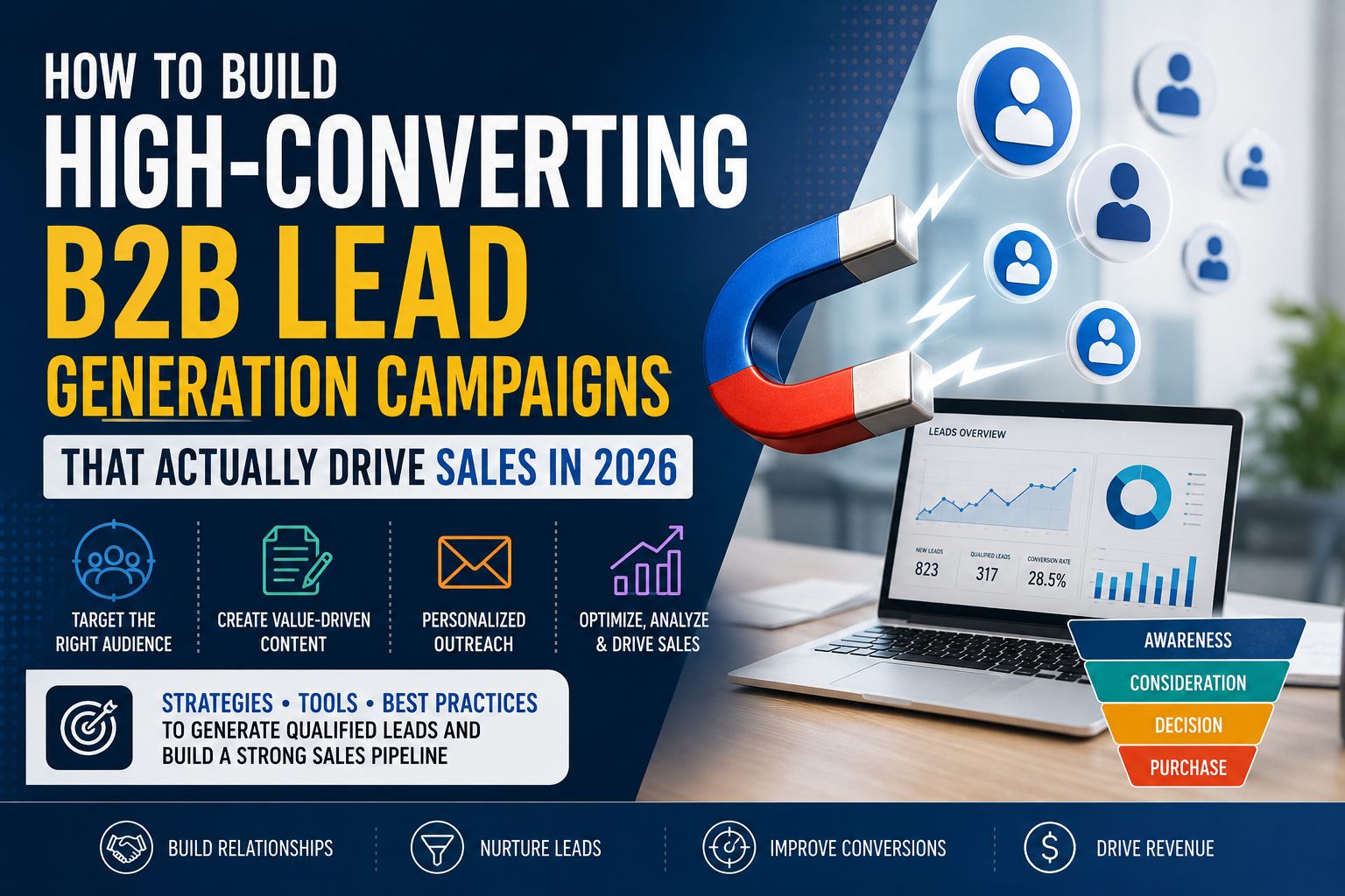 The image highlights the strategies of b2b lead generation.