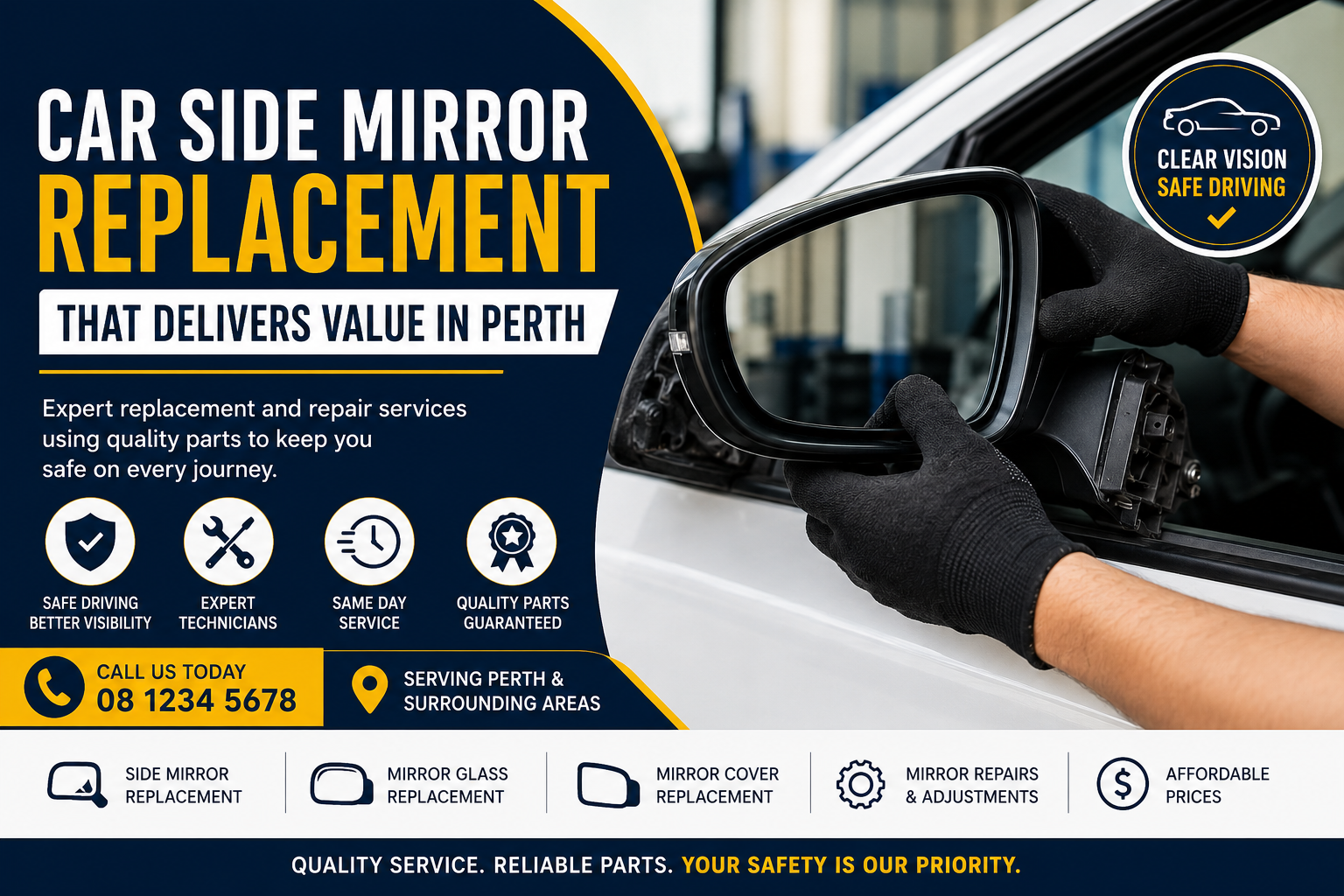 Car side mirror replacement in Perth with a technician installing a new side mirror using professional tools and quality replacement parts.