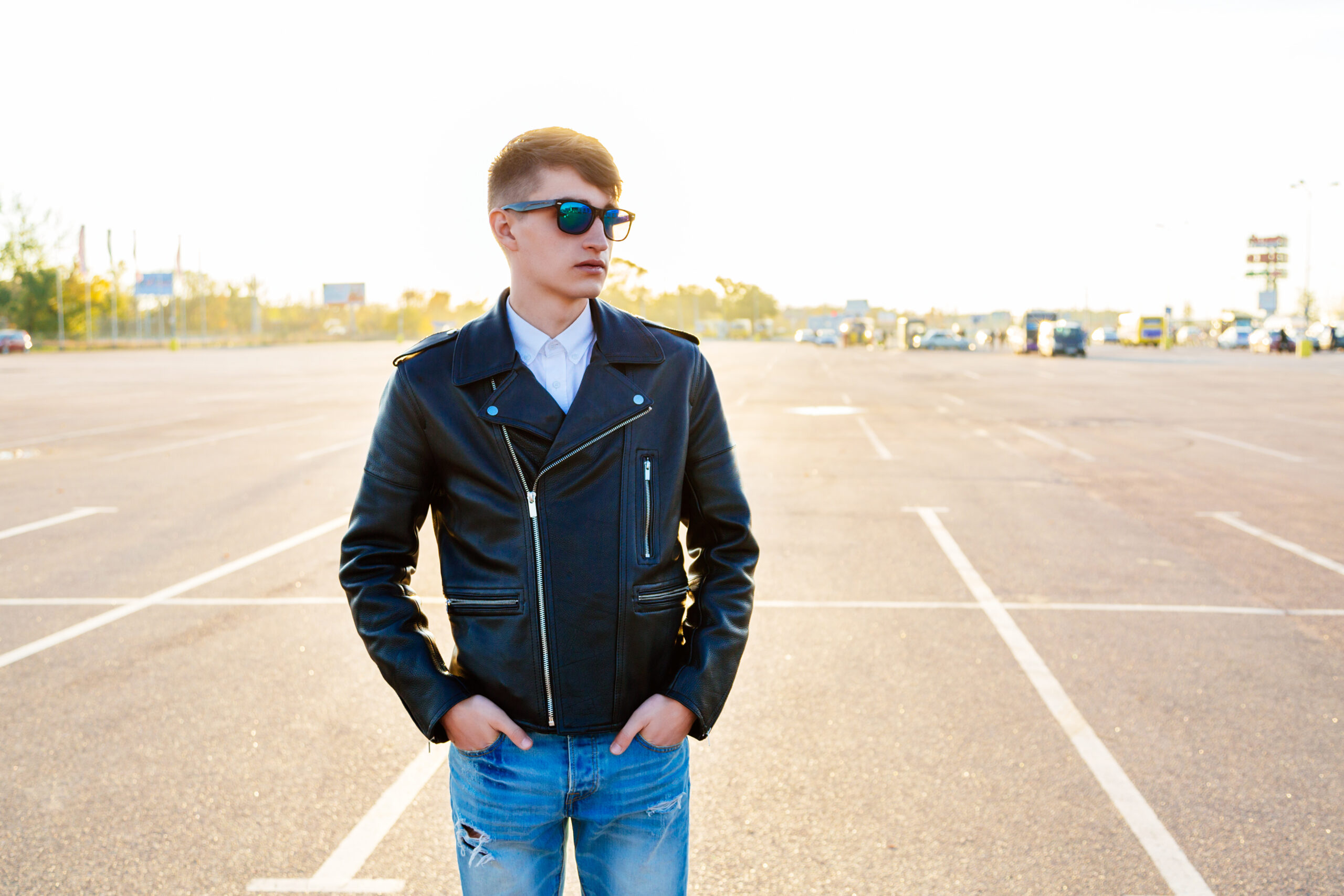 Modern men's leather jacket fashion on a city street