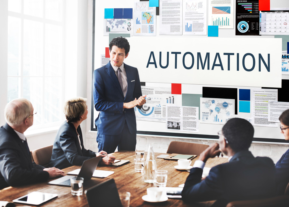Business team discussing AI business process automation during a presentation on customer service and workflow efficiency.