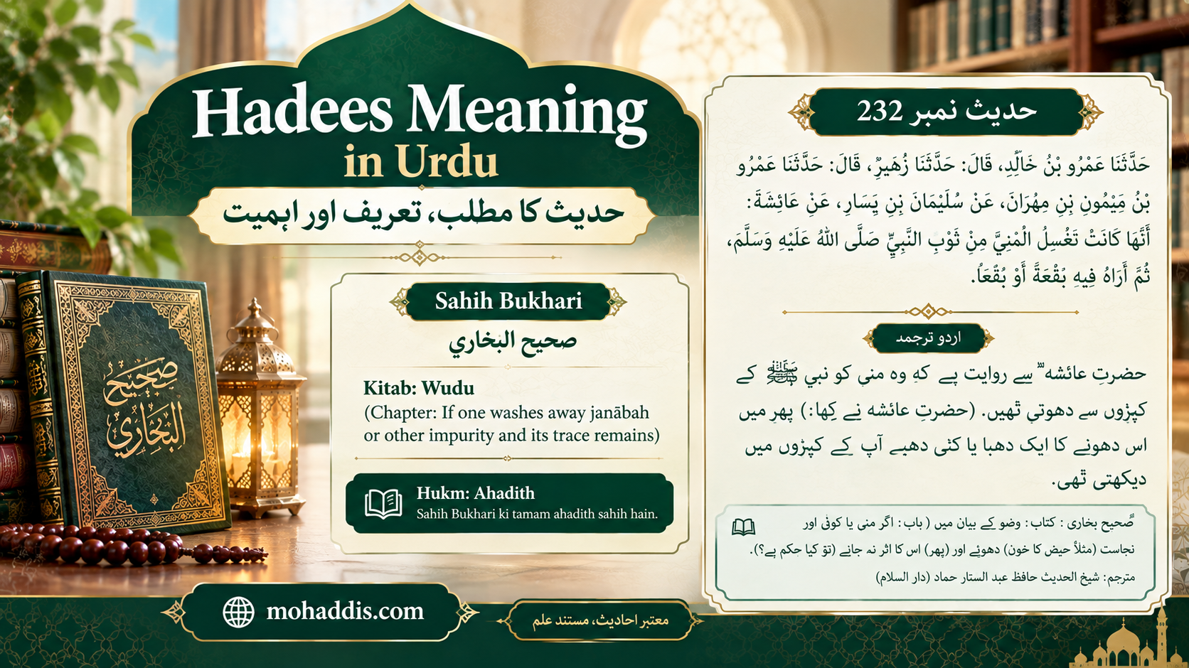 Hadees Meaning in Urdu infographic featuring Sahih al-Bukhari Hadith 232, Arabic Hadith text with Urdu translation, Kitab al-Wudu details, and Islamic educational information, with mohaddis.com branding.