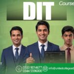 Three men in formal attire stand before a green background with DIT Course text, listing internet, graphic design, and web development topics.