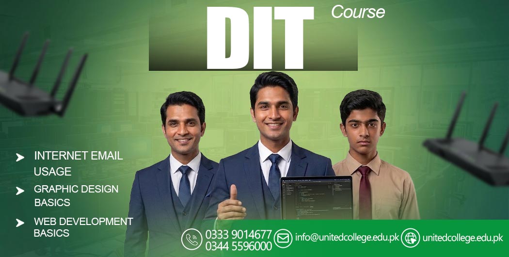 Three men in formal attire stand before a green background with DIT Course text, listing internet, graphic design, and web development topics.