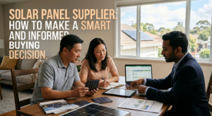 Solar panel supplier explaining solar panel options, pricing, and installation details to a couple during a home consultation.