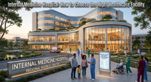 Internal medicine hospital with doctors evaluating patients, diagnostic facilities, and comprehensive medical care.