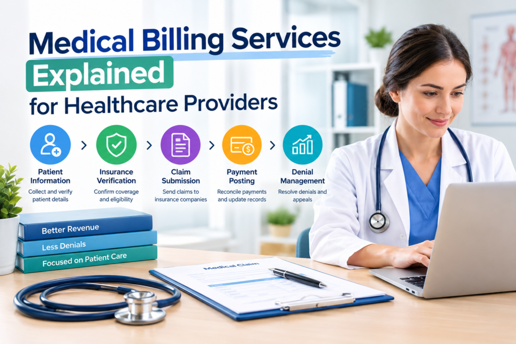 Medical billing services workflow for healthcare providers, showing patient information, insurance verification, claim submission, payment posting, and denial management.