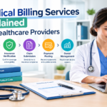 Medical billing services workflow for healthcare providers, showing patient information, insurance verification, claim submission, payment posting, and denial management.