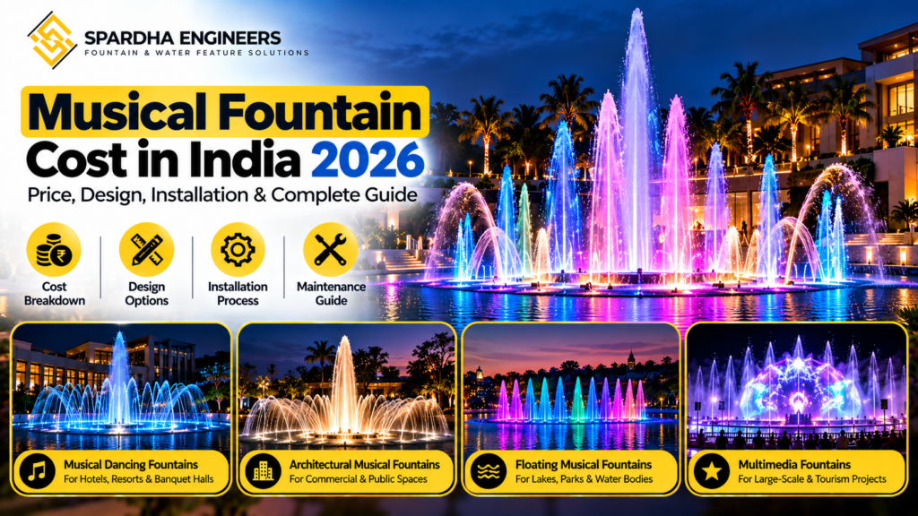 Musical fountain with colourful LED lights and synchronized water jets in India