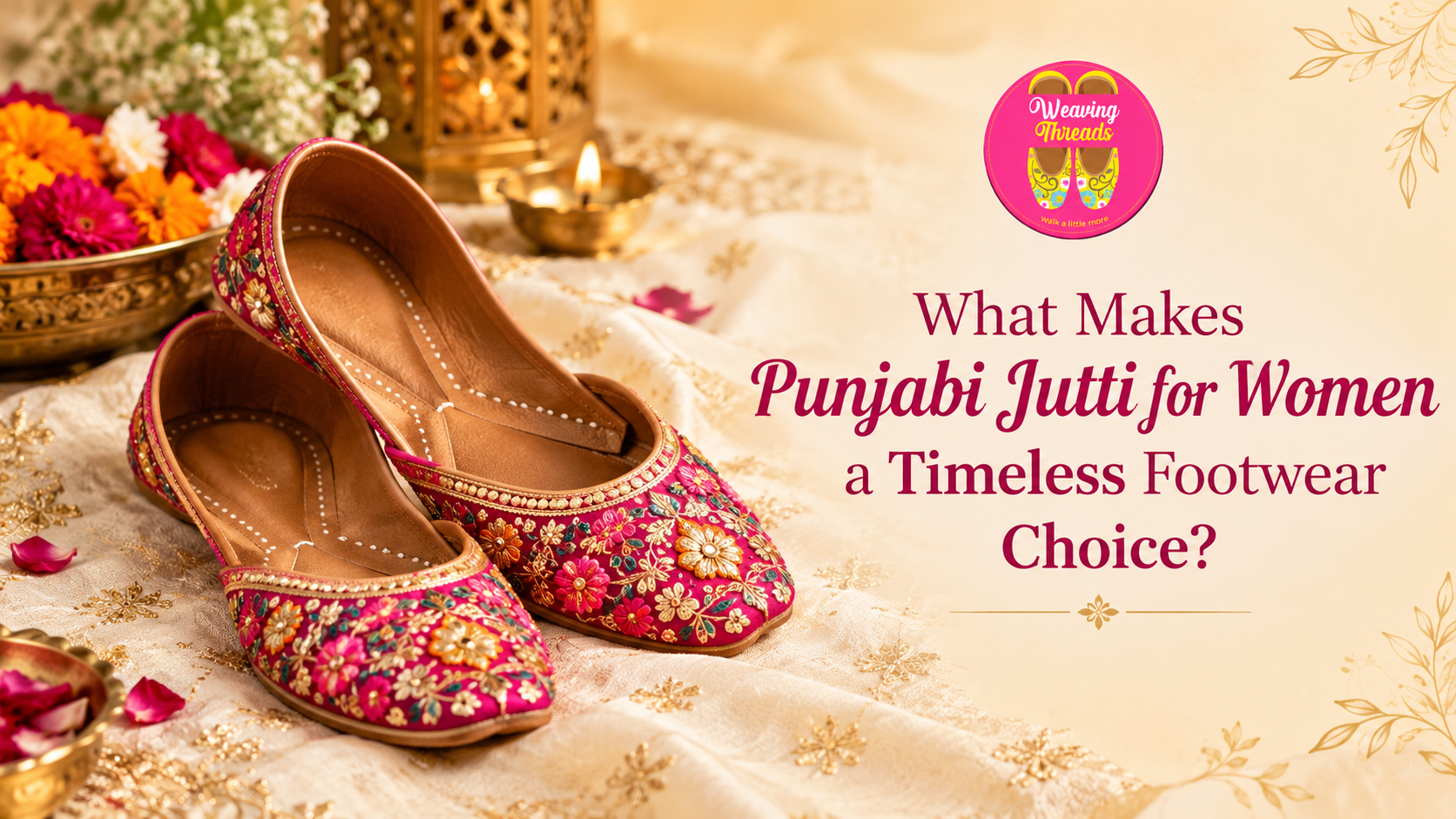 Punjabi Jutti for women featuring vibrant floral embroidery on a cream background with Weaving Threads branding and a timeless footwear title.