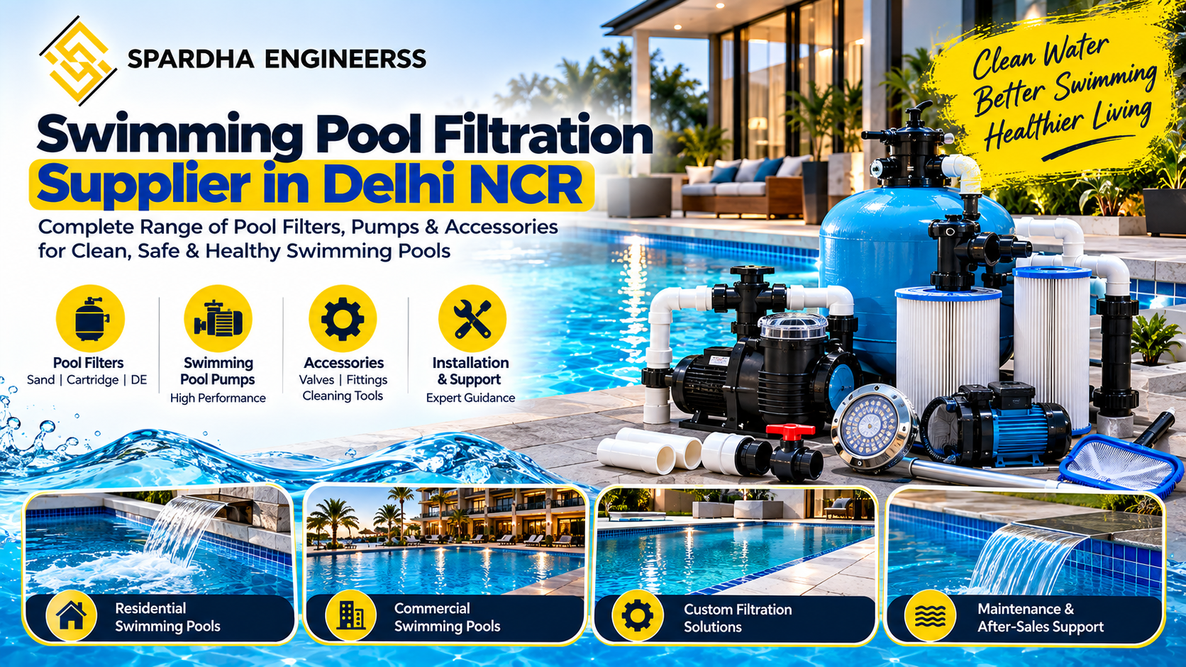 Swimming pool filtration system supplier in Delhi NCR by Spardha Engineers