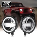 9 Inch 120W LED headlights with halo ring DRL on a Jeep Wrangler